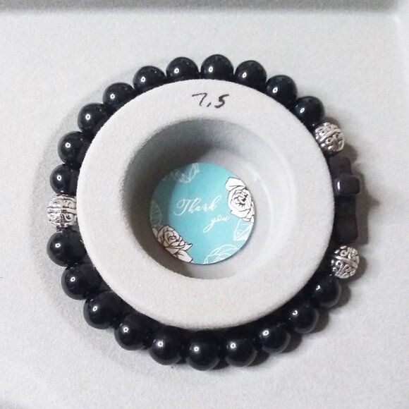 Earring + Bracelet Set! Glossy Black Stone Beads + Cross! Loss Grief Bereavement - Picture 7 of 10